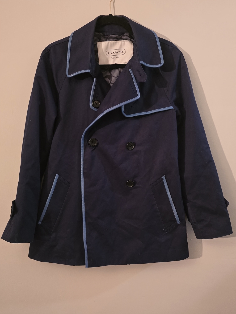 Coach Navy Double-Breasted Peacoat with Light Blue Piping